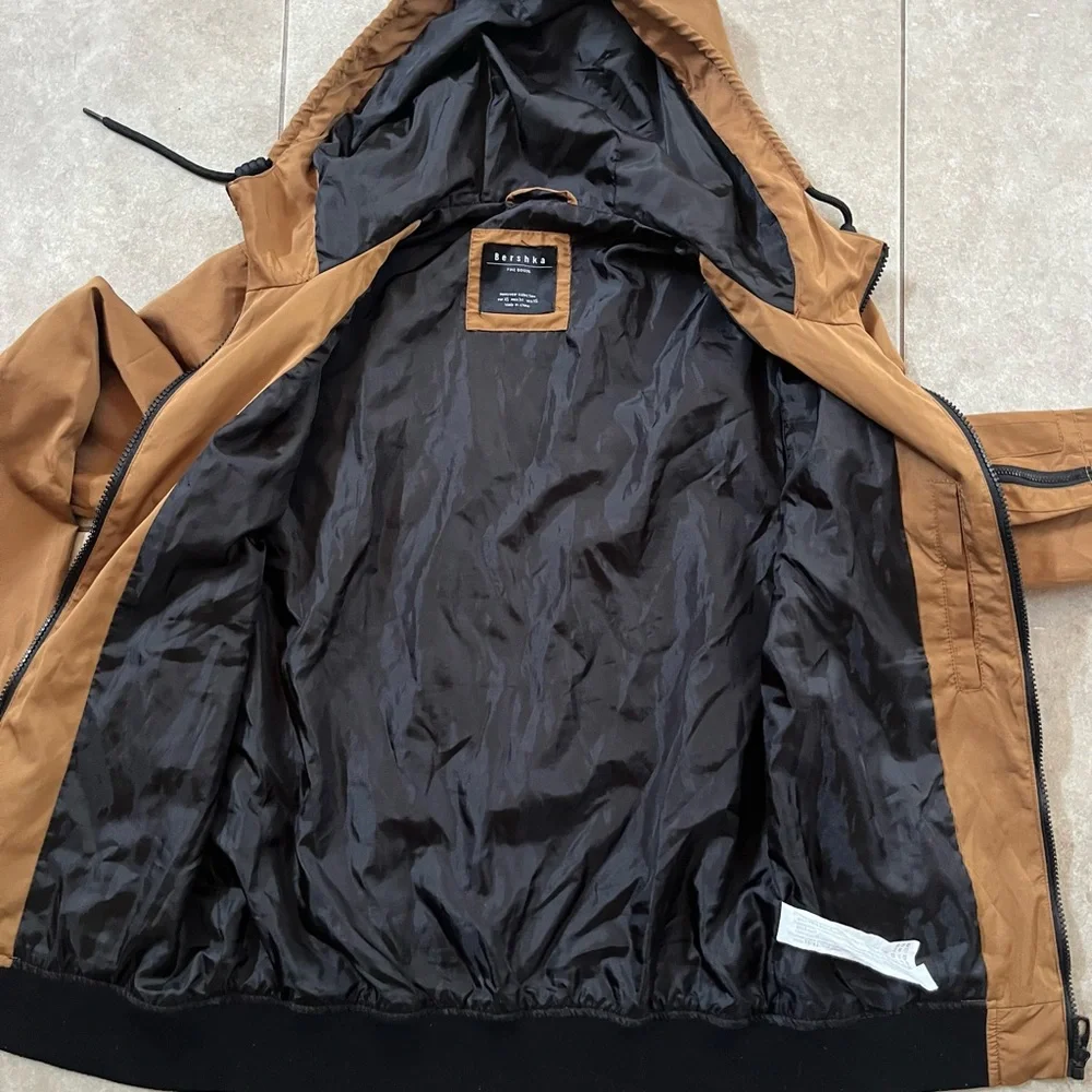 Bershka Brown Hooded Bomber Jacket Mens XS Multiple pockets